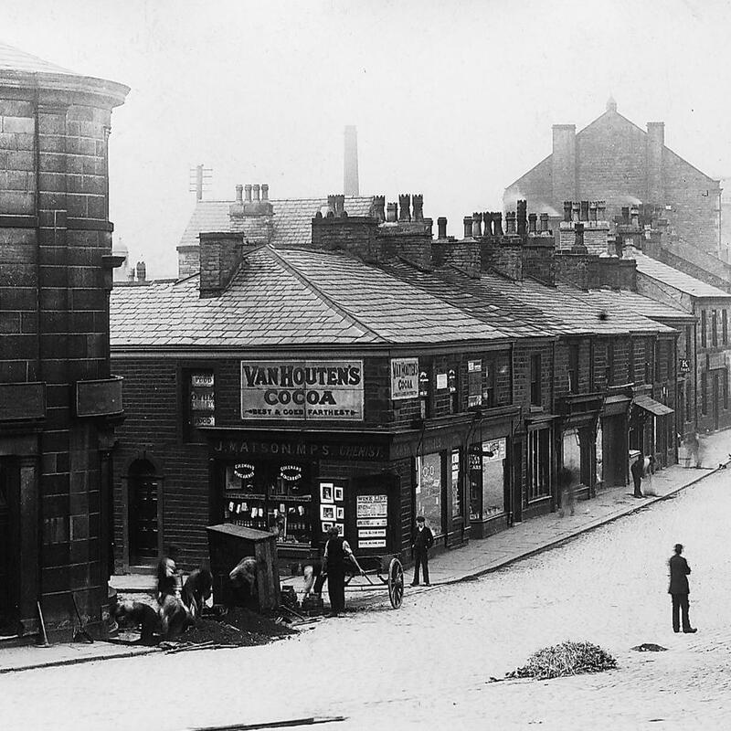 Roadworks Bolton St/Market Place Rams between 1900-1913 View of Matsons Chemist shop, later Kelvin Crawshaws shop [earlier Jamieson Mortons] 1991 Present Corner