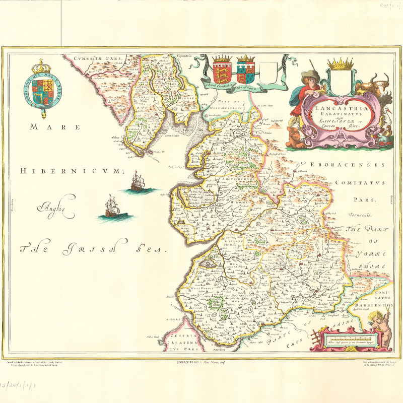 Map of County Palatine of Lancashire. Johan Blaeu: &#039;Atlas Novus 1648&#039;. Published by Royal Geographical Society.