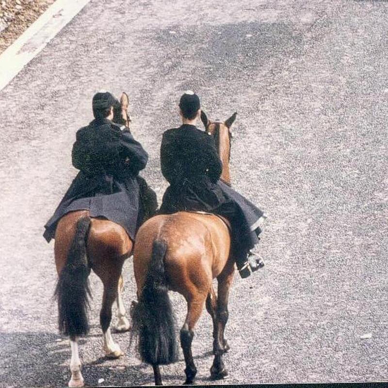 Pedestrians and mounted police on M66 prior to opening. Official opening of M66 to Rawtenstall