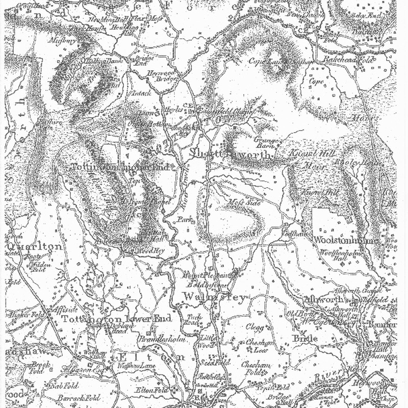 Extract from Yate&#039;s map of Lancashire 1786 covering Tottington and surrounding area