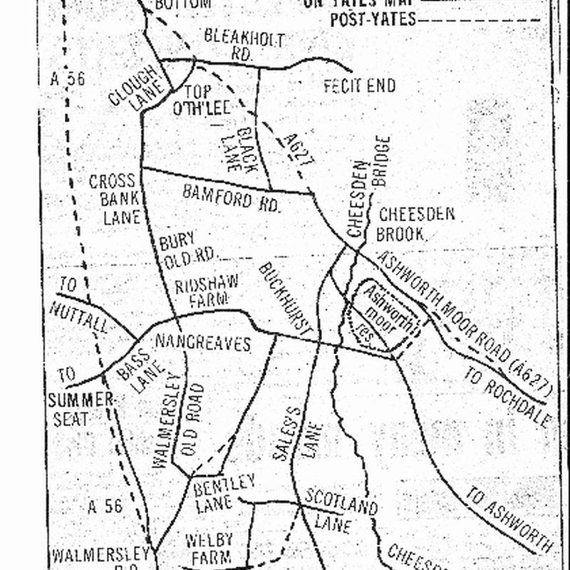 I sheet labelled Yates&#039; Map of Tottington Lower End 1786 and 2 sheets marked Yates Map 1796.  Also newspaper extract from Bury Times 17 Apr 1976 showing some of the tracks mentioned in an unidentified article (missing)