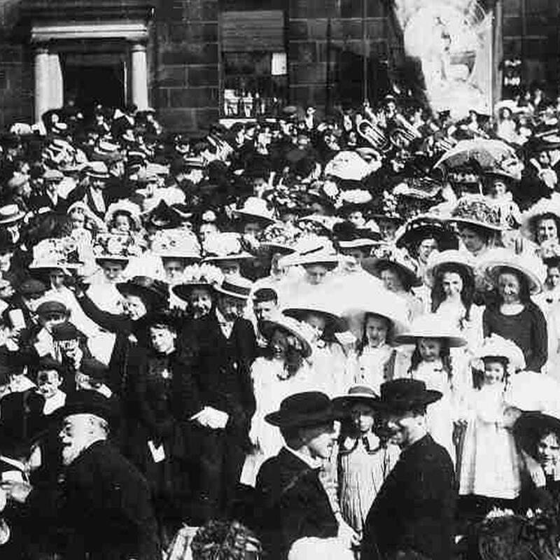 Pre World War 1 Whit walkers in Market Place for hymn singing.