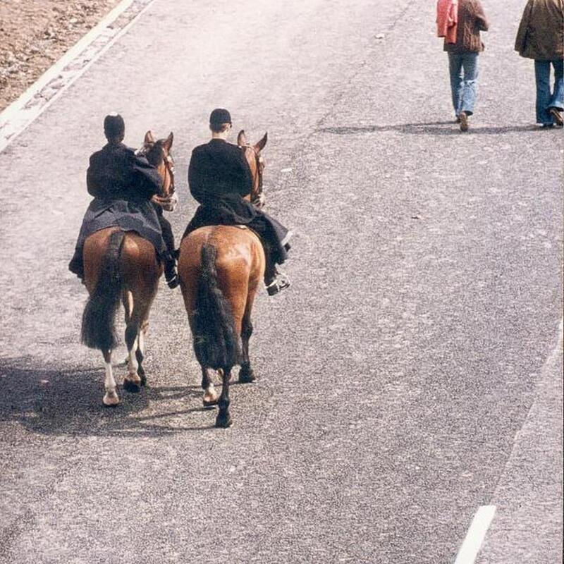 Pedestrians and mounted police on M66 prior to opening. Official opening of M66 to Rawtenstall