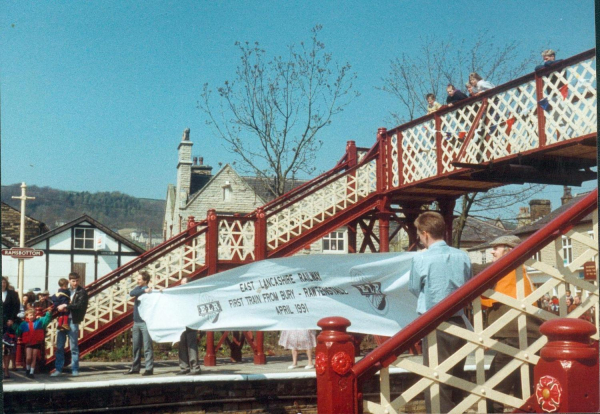 First train to Rawtenstall with banner by the footbridge at Ramsbottom Station
16-Transport-03-Trains and Railways-000-General
Keywords: 1991