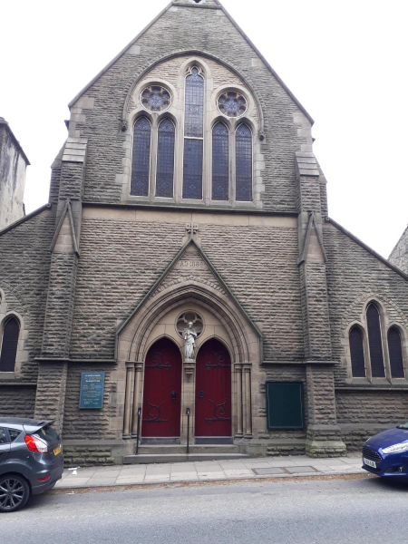 Entrance to St Joseph Church 
06-Religion-01-Church Buildings-019-St. Joseph Roman Catholic Church, Bolton Street, Ramsbottom 
Keywords: 2019