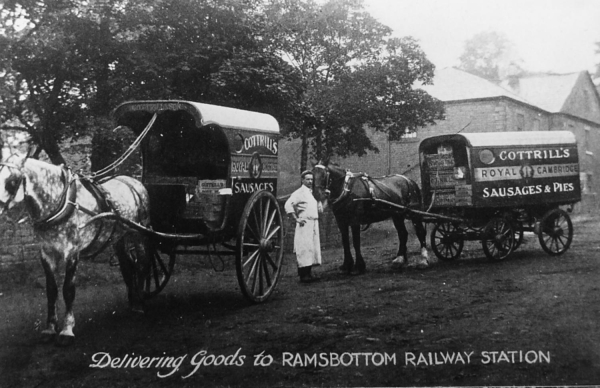 Horse drawn carts delivering goods to Ramsbottom station Carts of Cottrills Royal Cambridge sausages & Pies 
18-Agriculture and the Natural Environment-01-Agriculture-000-General
Keywords: 1945