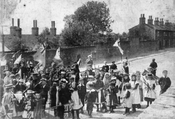 1901 Relief of Mafeking.  Children & villagers celebrate. Holcombe, on Lumb Carr Road, outside  school 
09-People and Family-02-People-000-General
Keywords: 1945