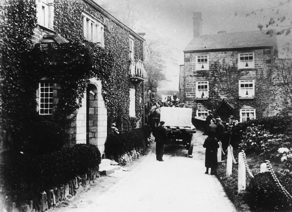 Pilgrims Cross (replacement) being taken from Fletcher Bank Quarry 24.5.1902, by Higher House, Moor Road, Holcombe. There are 5 photos in the archive. See also RHSBA 1147 
17-Buildings and the Urban Environment-05-Street Scenes-014-Holcombe Village
Keywords: 1945