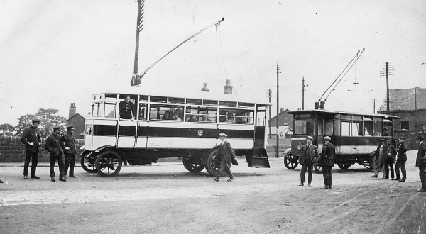 2 trolley buses pre 1922 at Holcombe Brook Area Ramsbottom one earlier 1,2 0r 3. Front one later , possibly 7 
16-Transport-02-Trams and Buses-000-General
Keywords: 1945