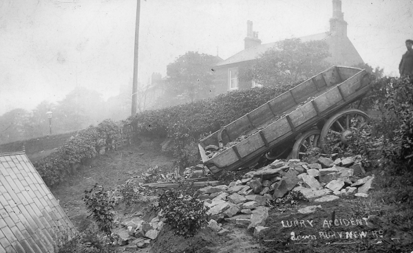 Lorry (horse drawn) accident on Bury New Road Jan 1909, pc dated Shows lorry on slope to Nuttall Hall Lane, by Park Cottage 
17-Buildings and the Urban Environment-05-Street Scenes-004-Bury New Road
Keywords: 1945