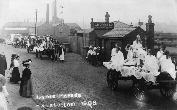 1908.  Cycle Parade, Ramsbottom,  on Stubbins Lane Stubbins Lane Mill (Flock Mill) , Victoria Mill, Cuba Mill and Gasworks in background in background
14-Leisure-02-Sport and Games-007-Cycling and Cycle Races
Keywords: 1945