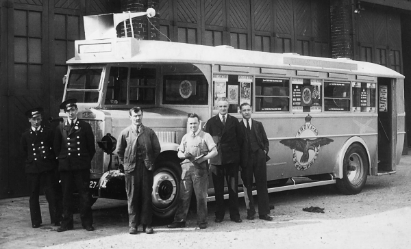 Bus at Stubbins Lane depot, painted in RAF blue, to raise money for the war effort during War Wings Week 1941, 3rd and 4th from right Ebenezer Nightingale and John Bradley
16-Transport-02-Trams and Buses-000-General
Keywords: 1945
