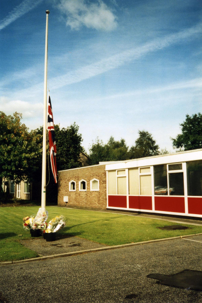Flowers at the Fire Station after death of Paul Metcalf 
17-Buildings and the Urban Environment-05-Street Scenes-027-Stubbins Lane and Stubbins area

Keywords: 1999