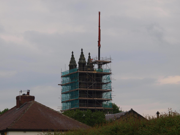 St Andrew's Church crane in place for the lift of the new pinnacle - 27-May 2014 
06-Religion-01-Church Buildings-002-Church of England  -  St. Andrew, Bolton Street, Ramsbottom
Keywords: 2014