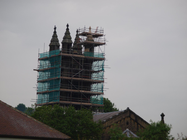 St Andrew's Church with scaffolding around the new pinnacle - 30-May 2014 
06-Religion-01-Church Buildings-002-Church of England  -  St. Andrew, Bolton Street, Ramsbottom
Keywords: 2014