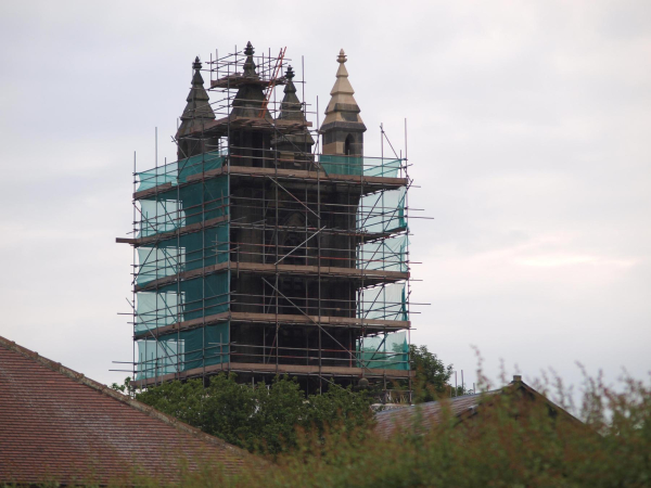 St Andrew's Church with new pinnacle in place and other work being under taken on the other pinnacles - 13-June 2014 
06-Religion-01-Church Buildings-002-Church of England  -  St. Andrew, Bolton Street, Ramsbottom
Keywords: 2014