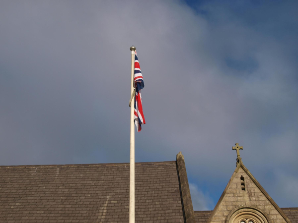 Flag on St Paul's Garden's 
06-Religion-01-Church Buildings-001-Church of England  - St. Paul, Bridge Street, Ramsbottom
Keywords: 2021