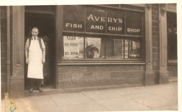 Avery fish & chip shop, 30 Bridge Street, Ramsbottom. Owner in doorway  1930s
03 - Shops, Restaurants & Hotels - 02 - Individual shops
Keywords: Bury-Archive