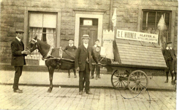 G. E. Warner, slater with cart on Nuttall Lane, Ramsbottom 1920s Photocopy. Also Ramsbottom Rose Queen Festival cycle parade, Trade and Tradesmen's demonstration, 1st prize for best display of local industries (on cart or lorry) 16 Jul 1910.
04 - Finance and Trade - 03 - Builders
Keywords: Bury-Archive