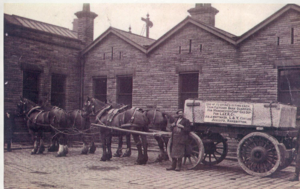 n.d. 4 horses pulling cart of J&J Whittaker, Ramsbottom. It is carrying 10 tons of stone from Fletcher Bank Quarry far Man. Corp. Gas Dept. to L&Y Railway Co. 
04 - Finance and Trade - 04 - Carriers and Haulage
Keywords: Bury-Archive