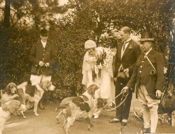 Bride Connie Cornall & Groom 1920s. Prob taken Bolholt House or Lake Hill, Walshaw. Brides father - Master of Holcombe Hunt 1925-27, Sec.1919-24. Sam Jackson and hounds present. 
09-People and Family-01-Families-000-General
Keywords: 1985