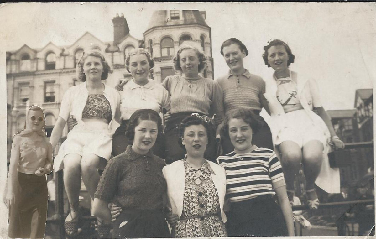 Ramsbottom girls in Douglas, Isle of Man - Some were in the Wrens during WW2. LtoR:Bessie Flight, Peggy Galpin, Edna Smith, Kathleen Bailey, Evelyn Walsh, Rita Whithead, Margaret Suthers, Ida Crawshaw, Doris Rothwell catalogued at Bury Archives as RHS/21/
09 - People and Family - 02 - People
Keywords: Bury-Archive