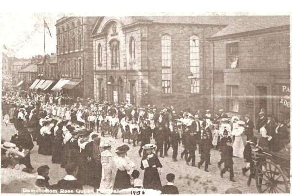 Rose Queen Festival Ramsbottom 1906 -procession in Bolton St and two floats -'Summer1 and 'The Secret'- 3 photos 
06-Religion-03-Churches Together-002-Rose Queens
Keywords: 0