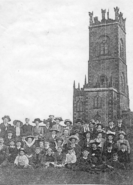 early c20.  Chapel choir from Bury visit Park Chapel Taken outside Grants Tower. 
14 - Leisure - 04 - Events
Keywords: Bury-Archive