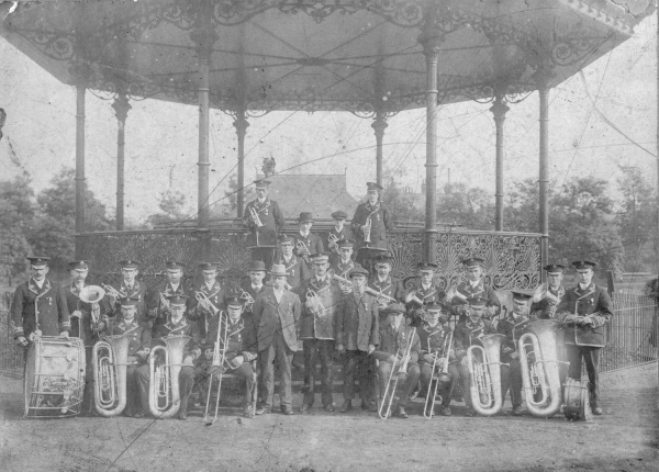 Ramsbottom Rifle band(or Summerseat band?) early 1920's Joe Rudge bandmaster in centre with decorated cap and cornet. J.Rudge well known far many years as bandmaster 
14 - Leisure - 04 - Events
Keywords: Bury-Archive