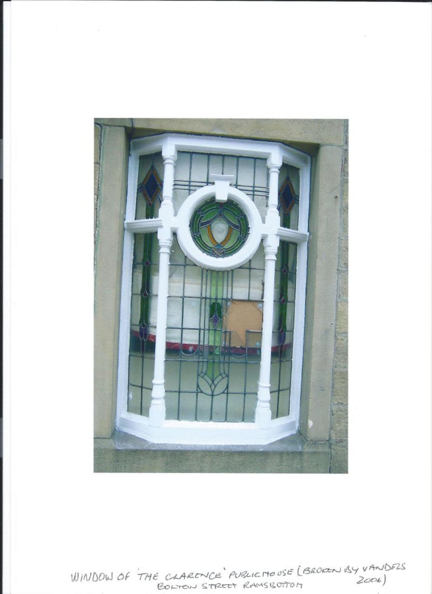 Stained glass window Window of Clarence Hotel (a pub later called Callenders pub/restaurant). In 2012 window was removed when the building was divided into units) .
#N/A
Keywords: Bury-Archive