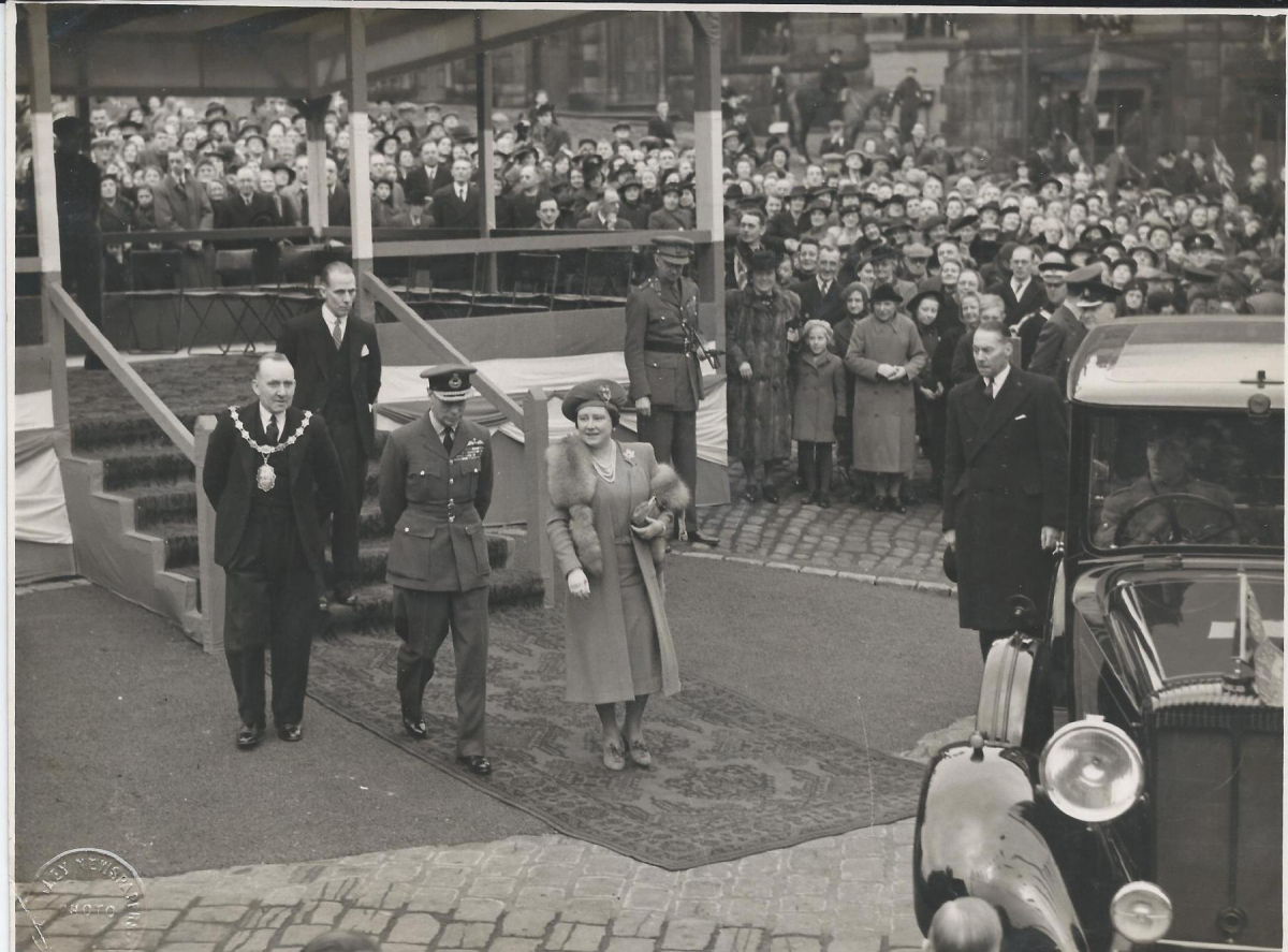 King George and Queen Elizabeth's visit to Ramsbottom 8th March 1945.  Scenes in the Market place - from an album of Mr. G. Holt, Chair of the Council. 
15 - War - 02 - World War 2
Keywords: Bury-Archive