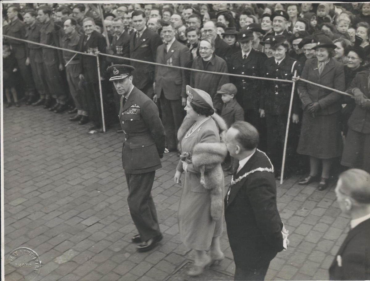 King George and Queen Elizabeth's visit to Ramsbottom 8th March 1945.  Scenes in the Market place - from an album of Mr. G. Holt, Chair of the Council. 
15 - War - 02 - World War 2
Keywords: Bury-Archive