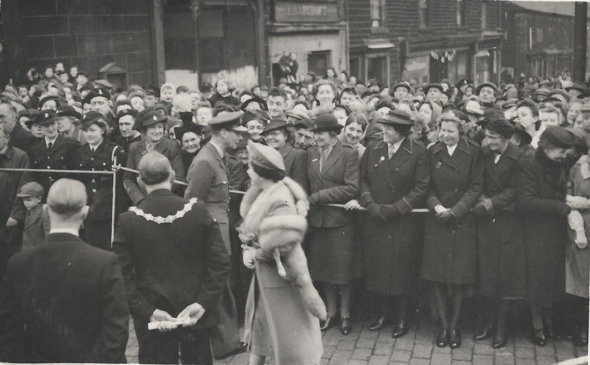 King George and Queen Elizabeth's visit to Ramsbottom 8th March 1945.  Scenes in the Market place - from an album of Mr. G. Holt, Chair of the Council. 
15 - War - 02 - World War 2
Keywords: Bury-Archive