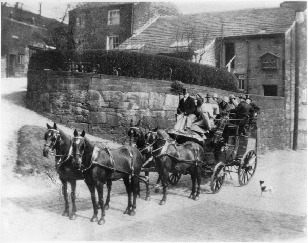 Coach and four outside Higher House Holcombe 1930s Coachman A. Dunlevy driving gentry to Harwood races 
16 - Transport - 02 - Trams and Buses
Keywords: Bury-Archive