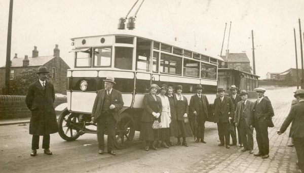 2 photos of 2 trolley buses pre 1922 at Holcombe Brook Rear one earlier 1,2 0r 3. Front one later , possibly 7 Now digitized AR-p55a & b 
16 - Transport - 02 - Trams and Buses
Keywords: Bury-Archive