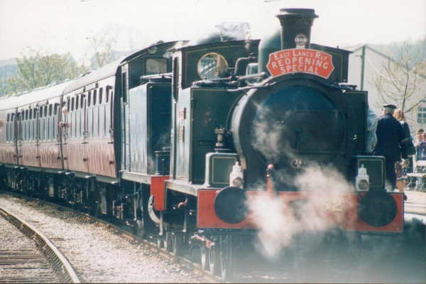 Return of Steam: includes engines,Scottish dancers, pipe band Mrs Palmer in pre-war Humber leaving Grants Arms & with Rev Robin Bardsley   9 photographs Date:25/07/1987
16 - Transport - 03 - Trains and Railways
Keywords: Bury-Archive