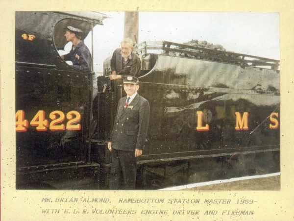 Ramsbottom station master by ELR train at station Station master- Mr. Brian Almond 1989-with volunteer driver & fireman
16 - Transport - 03 - Trains and Railways
Keywords: Bury-Archive