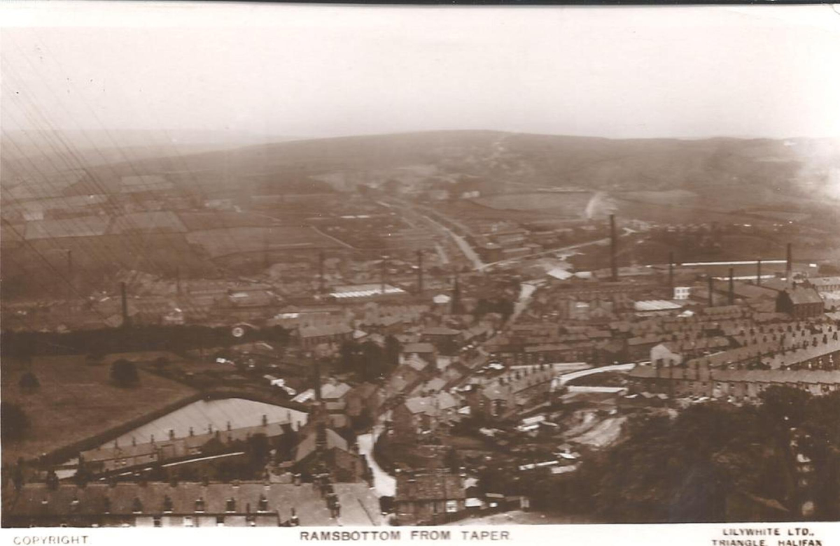 Ramsbottom from Taper across to Bury New Road - Jess Suthers from Stanley St (later Albert Street)- 3rd from R back row 
17 - Buildings and the Urban Environment - 01 - Town Planning and Conservation
Keywords: Bury-Archive