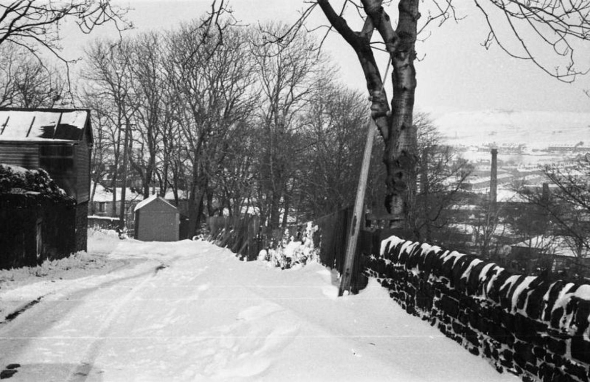 The back lane behind 179-187, Bolton Street, in the snow of Winter, 1958. The garage at the bottom then belonged to 179. Note chimney of Cobden Mill to right
17 - Buildings and the Urban Environment - 05 - Street Scenes
Keywords: Bury-Archive