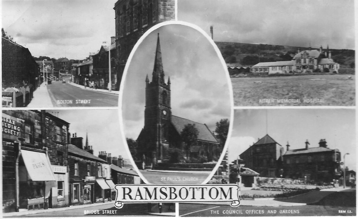 Postcard of Ramsbottom - Bolton St./Aitken Memorial Hospital/Bridge St./ Council Offices, Market Place/St. Paul's Church 
17 - Buildings and the Urban Environment - 05 - Street Scenes
Keywords: Bury-Archive