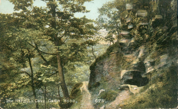 Hermits Cave, Carr Wood.  Posted Bury 15/9/1906 
18 - Agriculture and the Natural Environment - 03 - Topography
Keywords: Bury-Archive