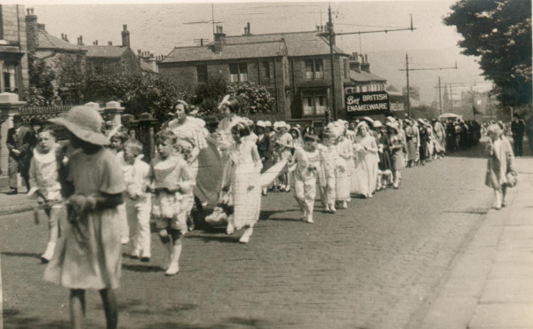 St Andrews Whit procession in Bolton Street approaching church  Alternate Reference-1017 Notes-   RHSBA-1017 RHS/21/6/2/23 1 postcard
06-Religion-01-Church Buildings-002-Church of England  -  St. Andrew, Bolton Street, Ramsbottom
Keywords: 19