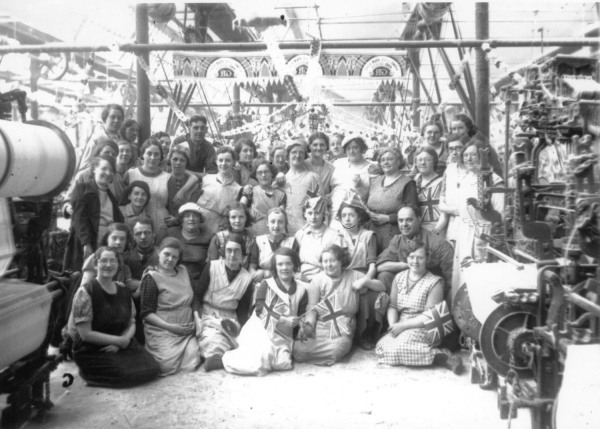 Coronation 1937: Shepherds Mill, Ramsbottom ladies in factory with bunting and banners in background  2 photographs
12 - Customs and Traditions - 01 - National Events
Keywords: Bury-Archive