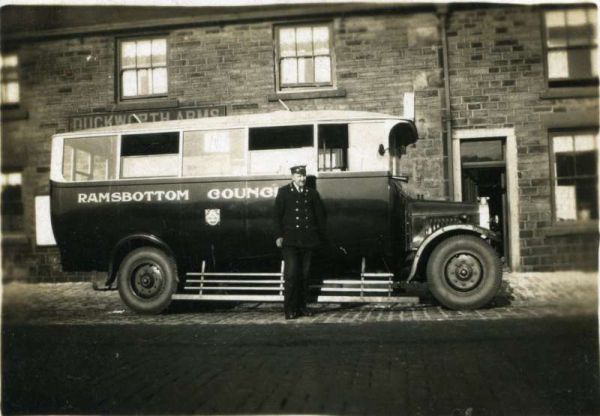 Fleet No: - Registration No:  - Chassis: unknown - Chassis No: unknown - Body:unknown - Seating: unknown - Introduced:  unknown - Withdrawn: unknown - Location: Duckworth Arms - Thorneycroft J type TC 780 or TC 4907 - Comments: unknown Other Info: 'Driver
16-Transport-02-Trams and Buses-000-General
Keywords: 0