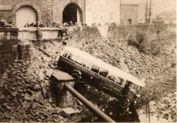 Fleet No: 18- Registration No: TE 4508 - Chassis: Leyland PLSC3 - Chassis No: 47116 - Body:Leyland - Seating: B35R - Introduced:  B35R - Withdrawn: 1928 - Location: Bus crash at New Hall Hey Bridge on the River Irwell, Rawtenstall. 4 June 1938 - Comments:
16-Transport-02-Trams and Buses-000-General
Keywords: 0