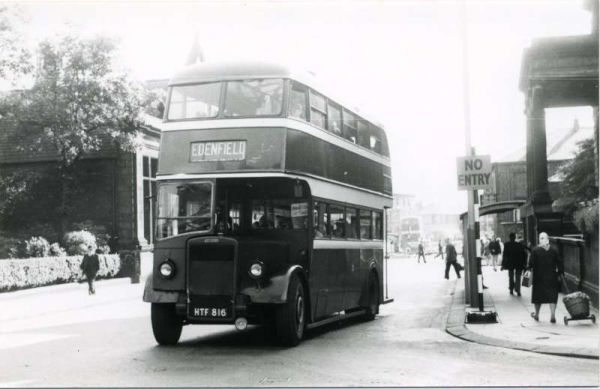 Fleet No: 21- Registration No: HTF 816 - Chassis: Leyand PD2/1 - Chassis No: 472579 - Body:Leyland - Seating: H30/26R - Introduced:  H30/26R - Withdrawn: 1947 - Location: Departing from Terminus, Moss Street, Bury - Comments: 1969 Other Info: 
16-Transport-02-Trams and Buses-000-General
Keywords: 0