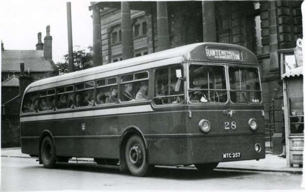 Fleet No: 28- Registration No: MTC 257 - Chassis: Leyland PSU1/13 - Chassis No: 501536 - Body:Roe - Seating: B44F - Introduced:  B44F - Withdrawn: 1950 - Location: Terminus, Moss Street, Bury - Comments: 1963 Other Info: 
16-Transport-02-Trams and Buses-000-General
Keywords: 0