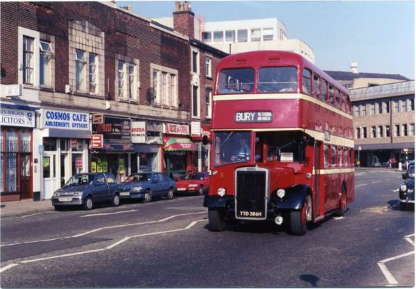 Fleet No: 11- Registration No: TTD 386H - Chassis: Leyland PD3/4 - Chassis No: 902844 - Body:East Lancs. - Seating: H41/32F - Introduced:  H41/32F - Withdrawn: 1969 - Location: Opposite Kay Gardens, Haymarket Street, Bury - Comments: Withdrawn 1981 Other 
16-Transport-02-Trams and Buses-000-General
Keywords: 0