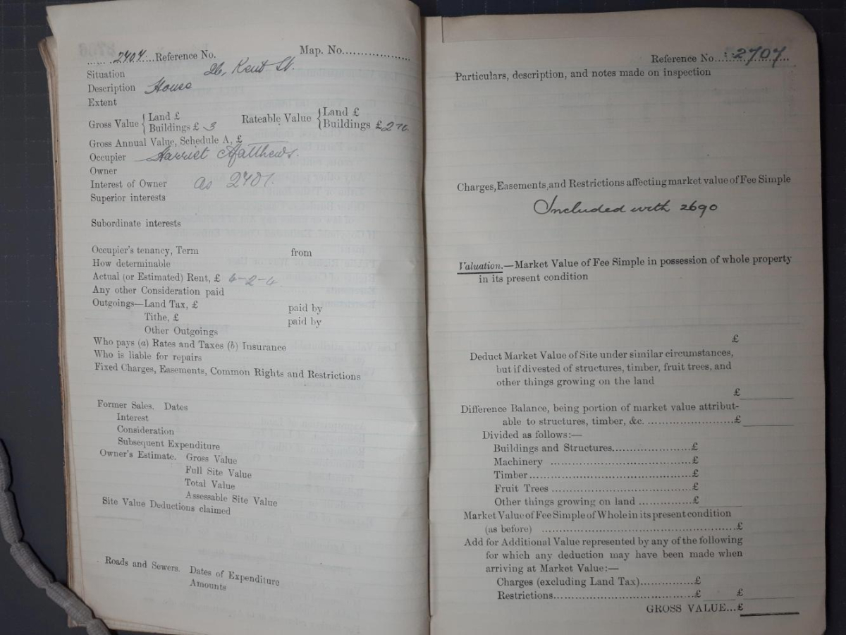 2707 -  26 Kent Street 2707 -  26 Kent Street, - House , Occupier - Harriet Matthews , Owner-as 2701, Gross Value - 3, Rateable Value - ?2-10, Actual Rent - ?4-2-4
to be catalogued
Keywords: 1910