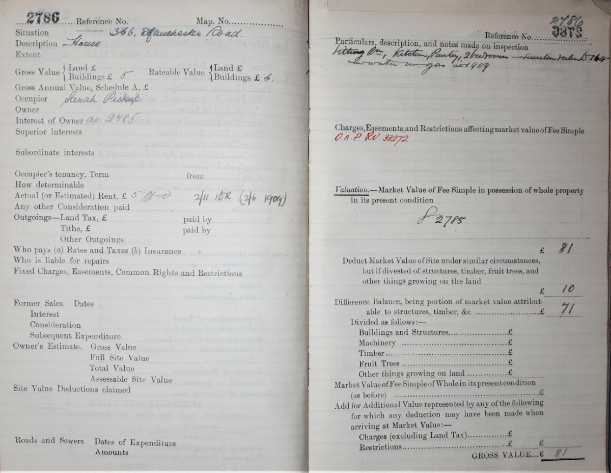 2786 -  366 Manchester Rd 2786 -  366 Manchester Rd, - House lease 1823, ?no water, no gas in 1909?  , Occupier -  , Owner-, Gross Value - , Rateable Value - , Actual Rent - 
to be catalogued
Keywords: 1910